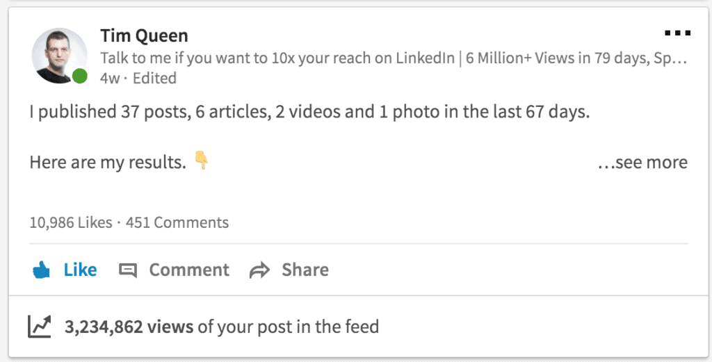 This LinkedIn post eventually peaked out at around 3.5 million views.