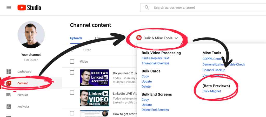 How to access TubeBuddy's Click Magnet tool.