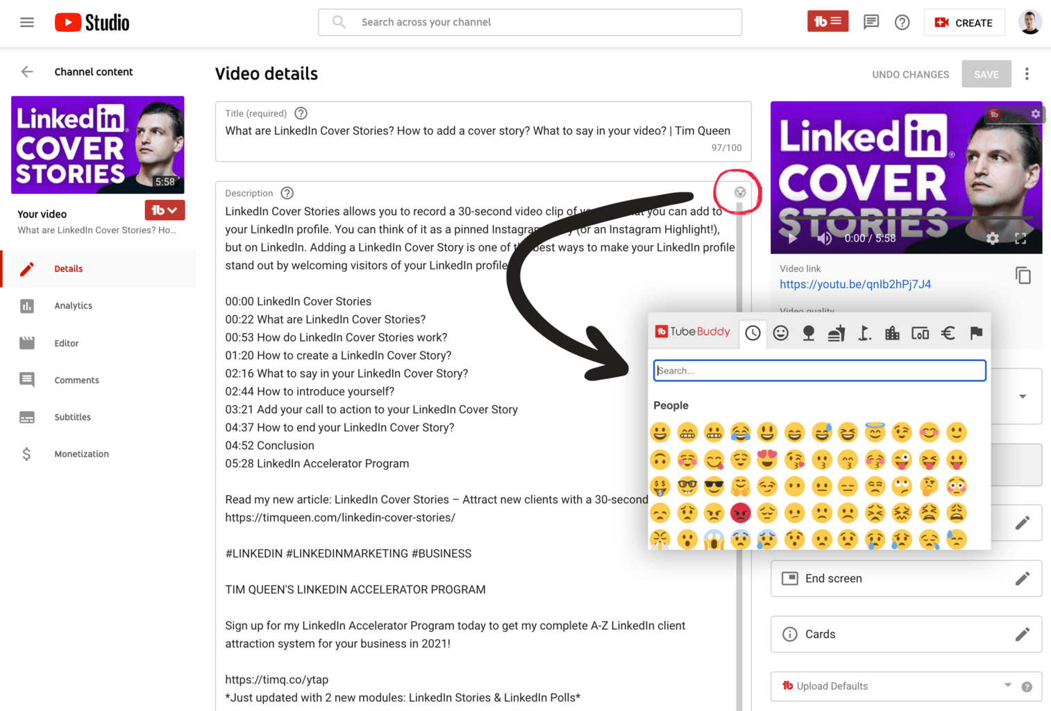 How to access the TubeBuddy Emoji Picker