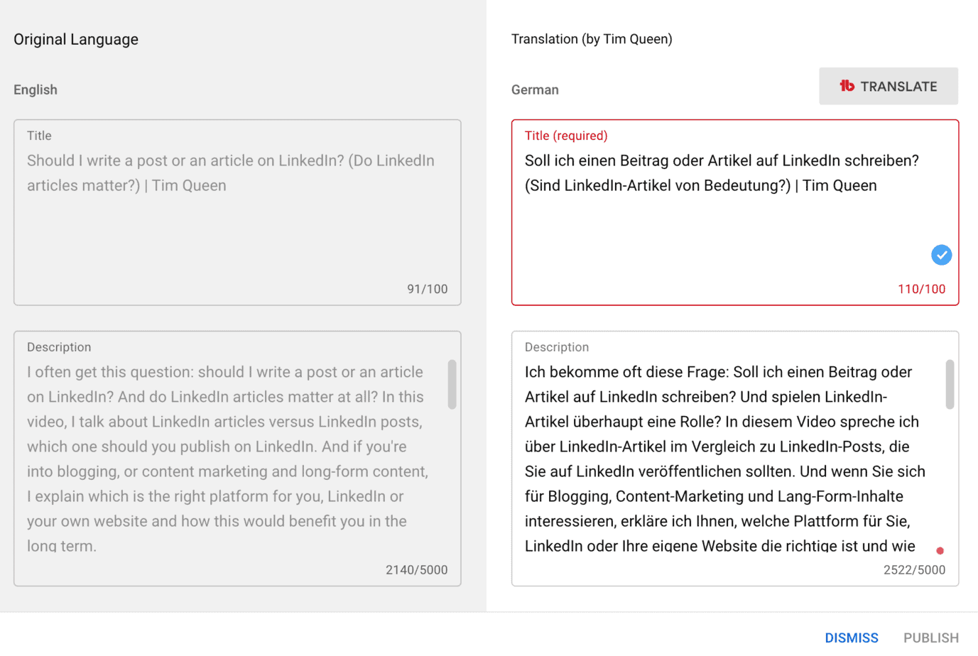 You can see the final translation of TubeBuddy's Auto Translator on the right side.