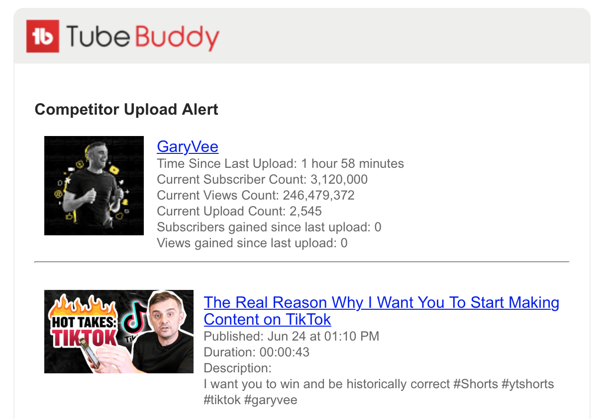 TubeBuddy Competitor Upload Alerts Email Example