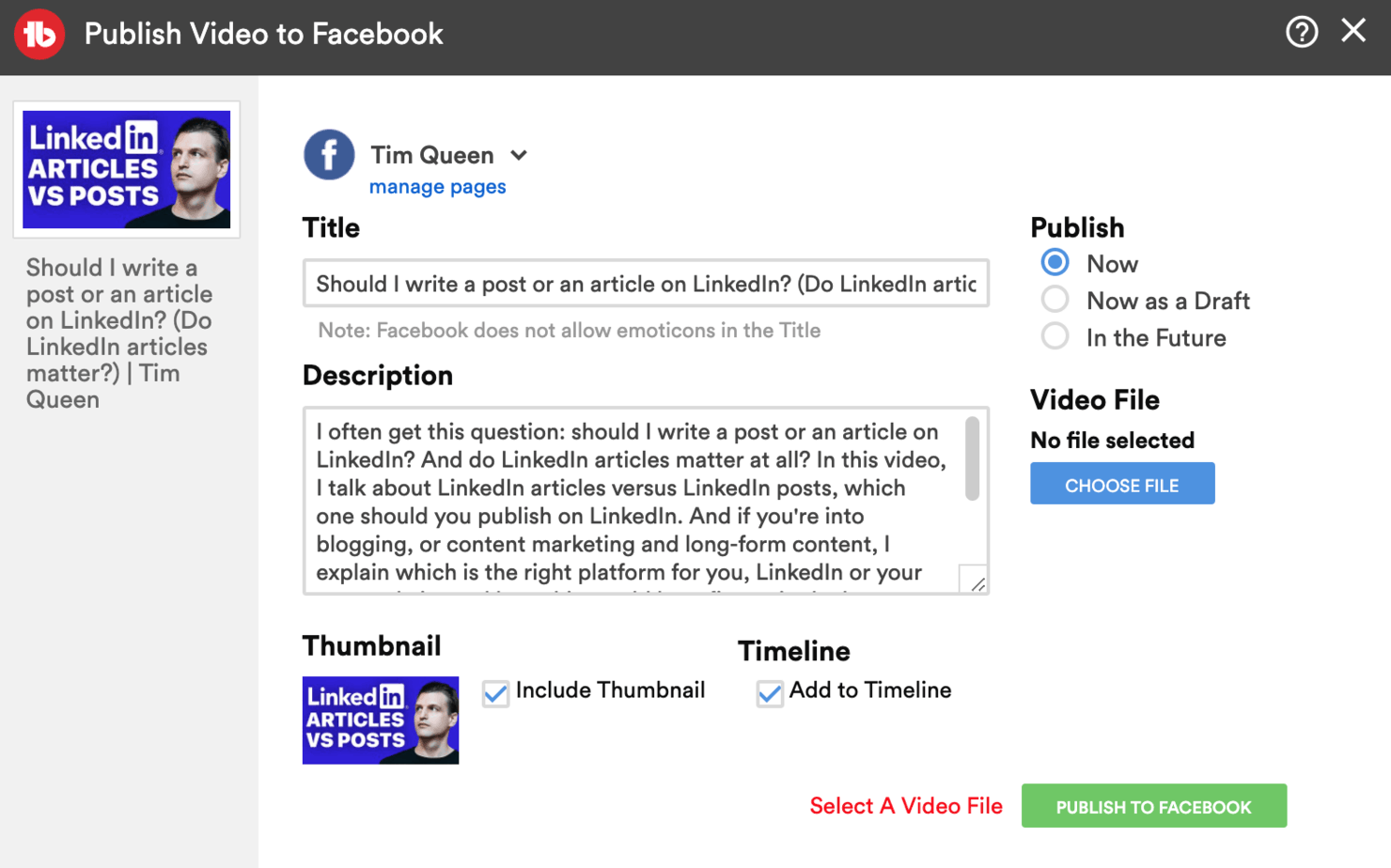 TubeBuddy's Publish to Facebook feature