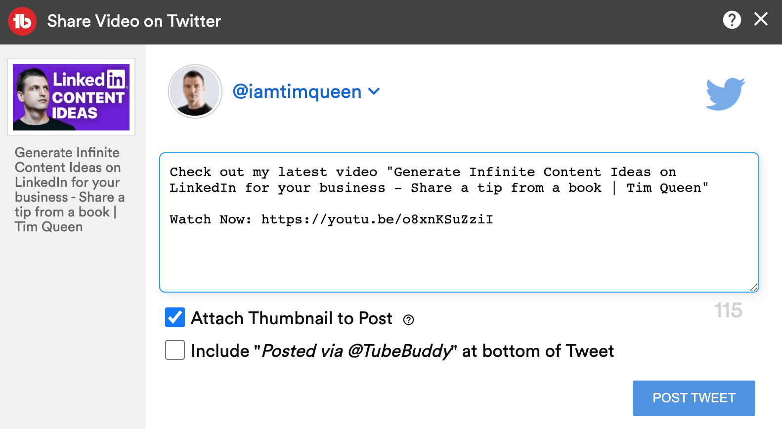 TubeBuddy's Share Video on Twitter feature