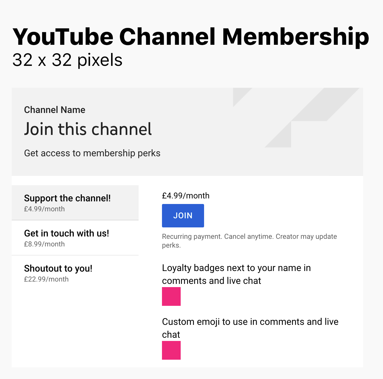 YouTube Channel Membership dimensions for badges and emojis